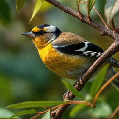 The primary subject of the image is a small yellow and black bird perched on a tree branch. The bird is sitting on the branch, surrounded by green leaves. The setting is an outdoor environment with a tree and a branch as the main focus. The visual style of the image is a photo, capturing the bird in its natural habitat. The colors and mood of the image are vibrant and lively, with the yellow and black bird standing out against the green leaves.